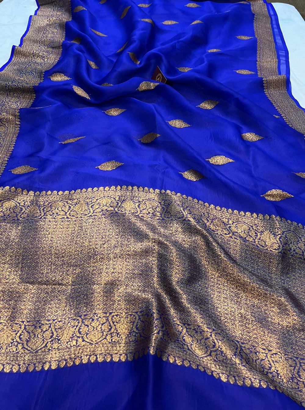 Royal Blue Banarasi Handloom Kora Silk Saree - Aura Benaras