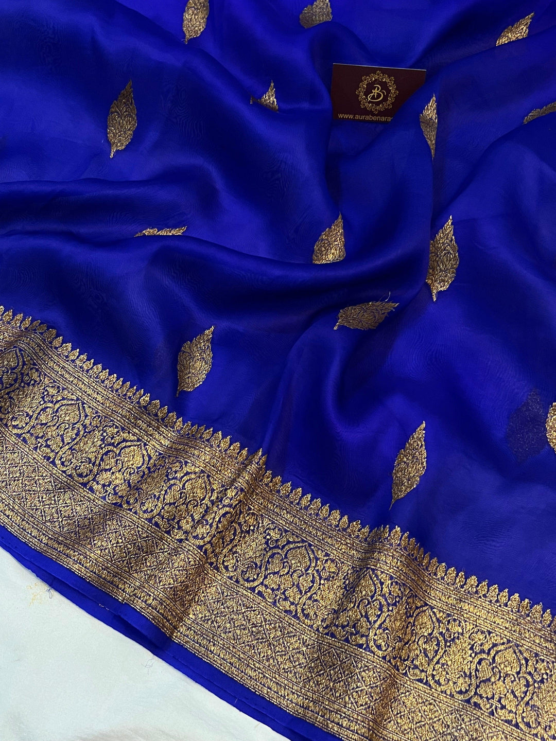 Royal Blue Banarasi Handloom Kora Silk Saree - Aura Benaras