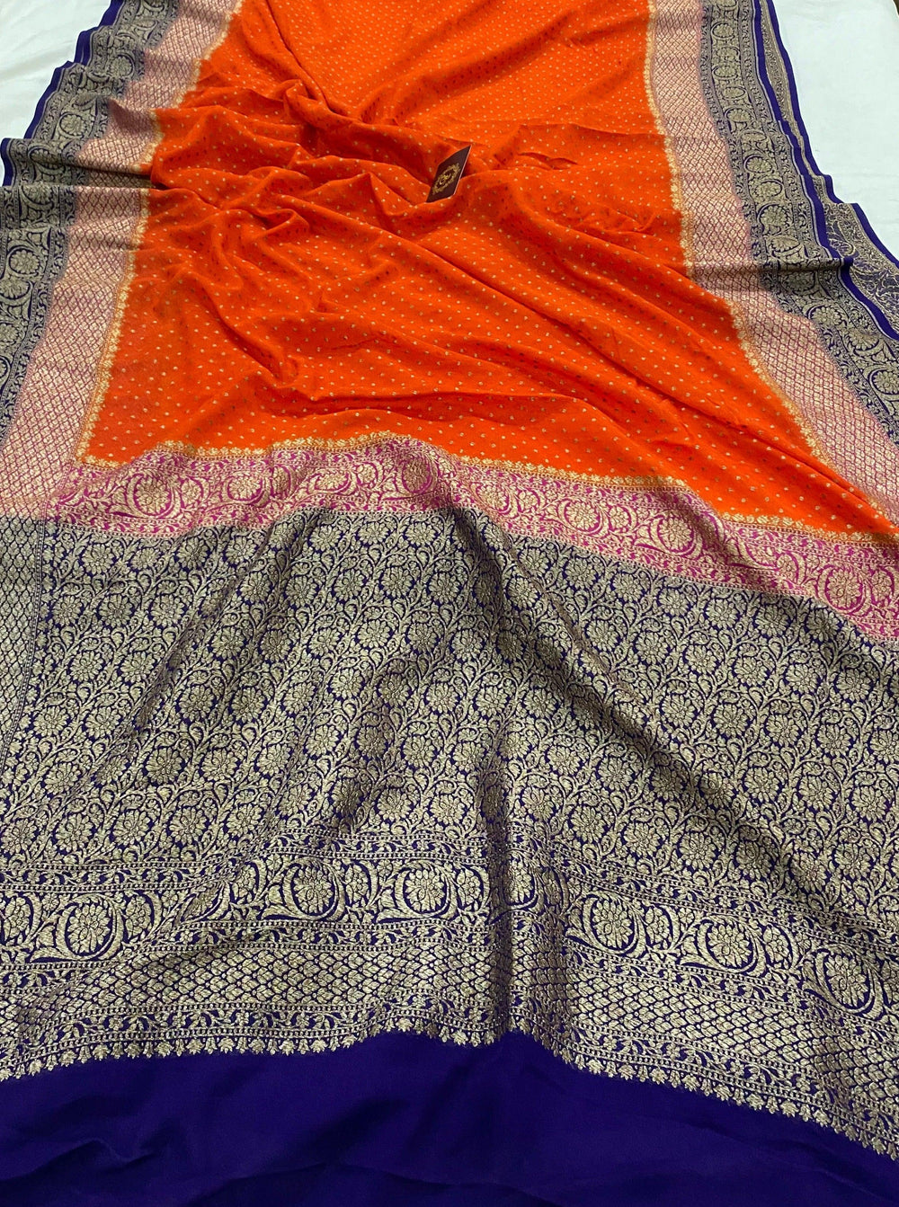 Orange Pure Banarasi Khaddi Georgette Saree - Aura Benaras
