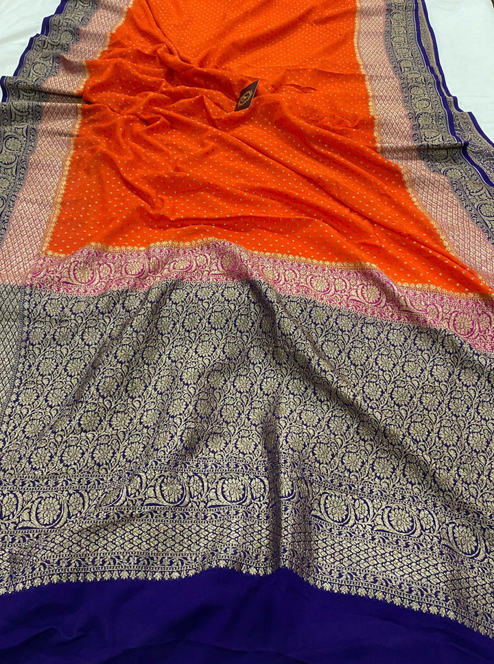 Orange Pure Banarasi Khaddi Georgette Saree - Aura Benaras