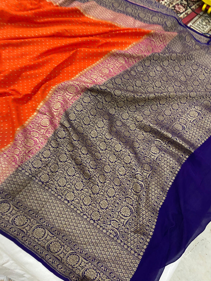 Orange Pure Banarasi Khaddi Georgette Saree - Aura Benaras