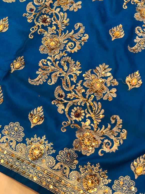 Persian Blue Satin Silk Ara Patali Embroidery Stonework Banarasi Saree