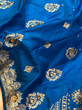 Persian Blue Satin Silk Ara Patali Embroidery Stonework Banarasi Saree