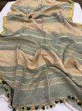 Grey Banarasi Handloom Pure Linen Silk Saree - Aura Benaras