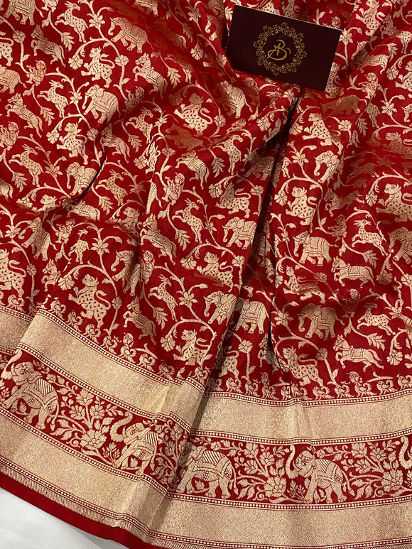 Red Banarasi Handloom Pure Katan Silk Saree - Aura Benaras