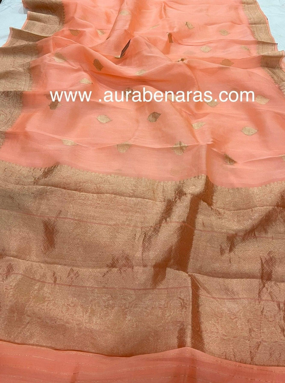 Peach Banarasi Handloom Kora Silk Saree - Aura Benaras
