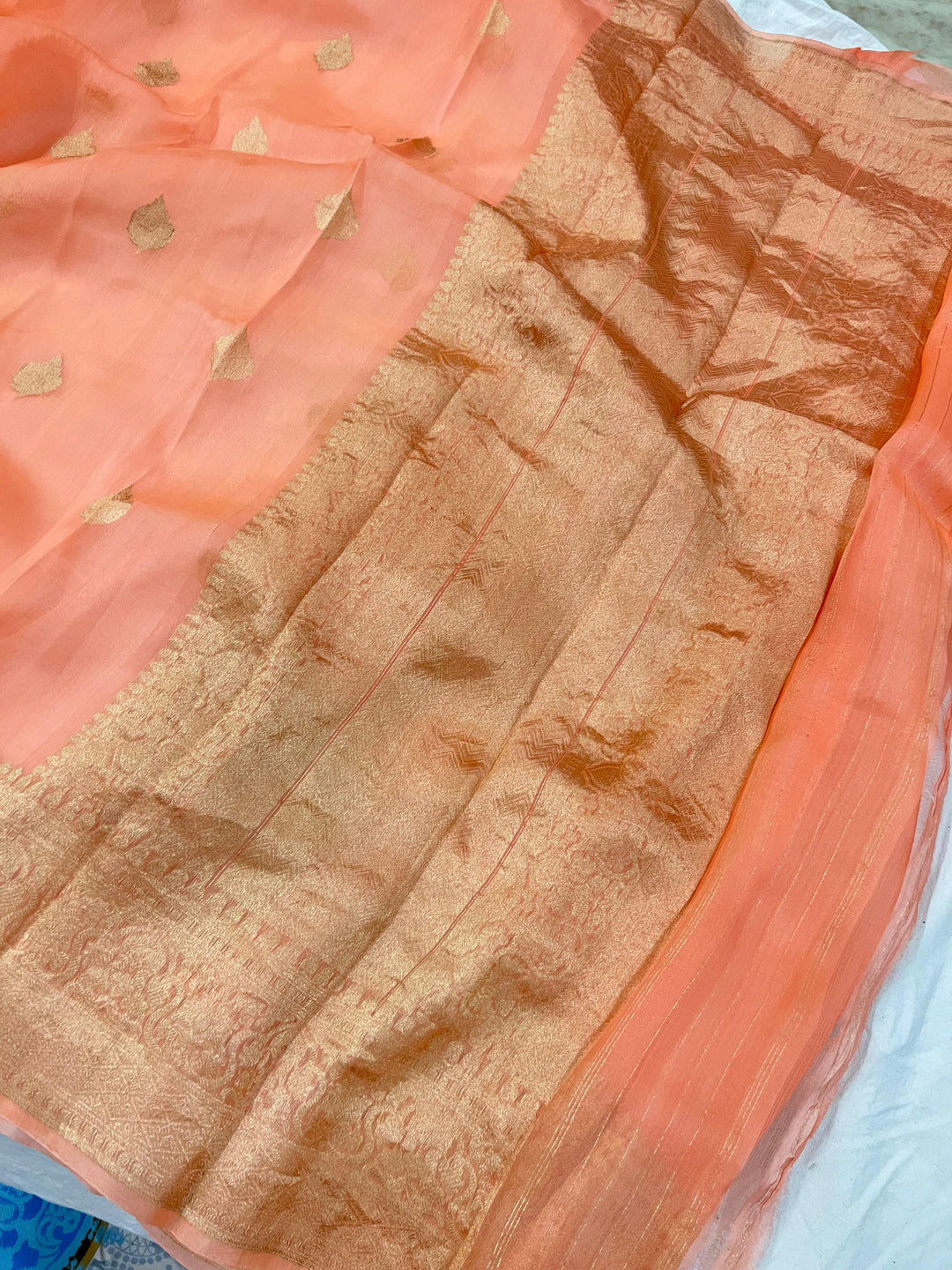 Peach Banarasi Handloom Kora Silk Saree - Aura Benaras