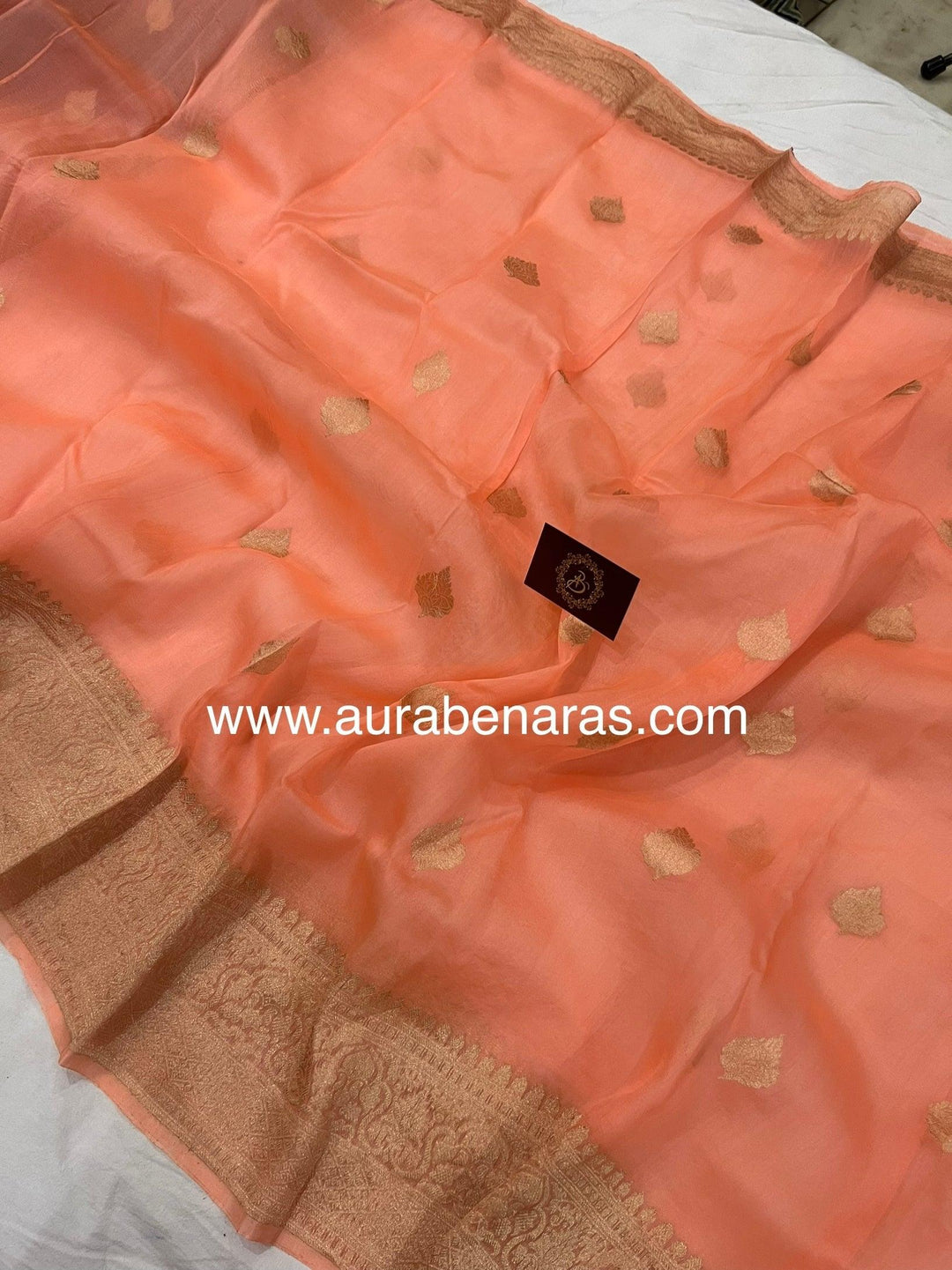 Peach Banarasi Handloom Kora Silk Saree - Aura Benaras