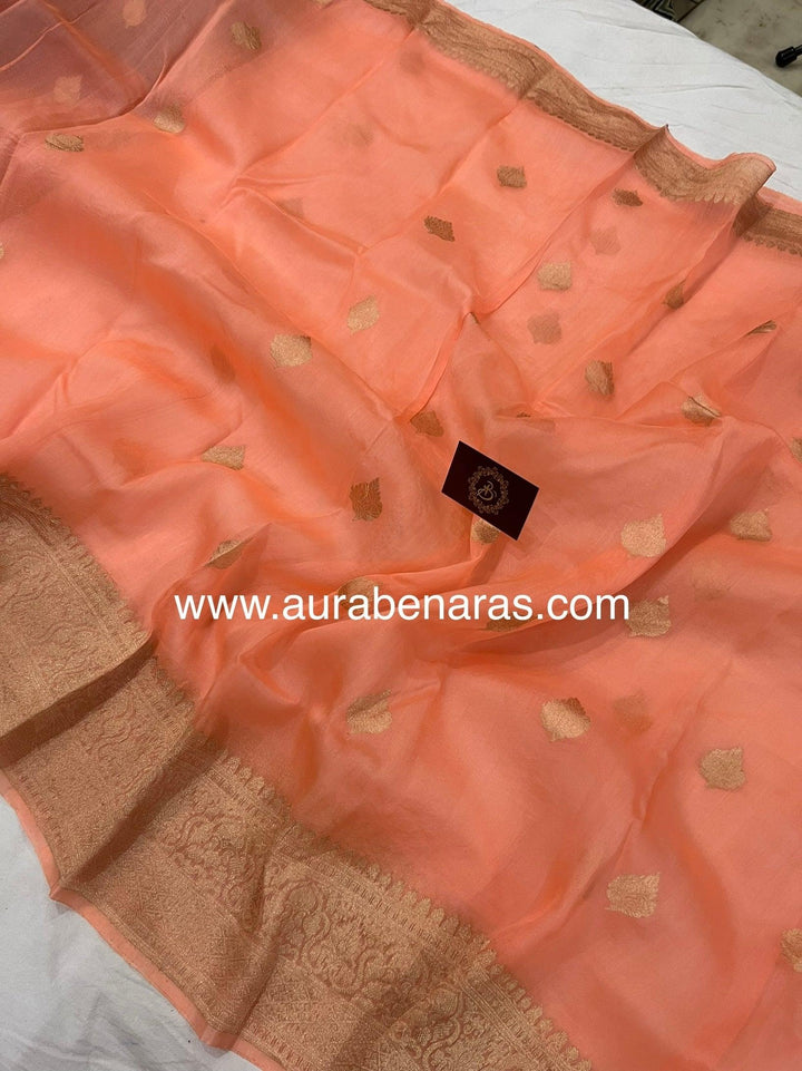 Peach Banarasi Handloom Kora Silk Saree - Aura Benaras