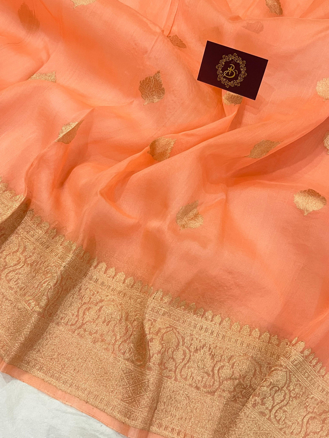Peach Banarasi Handloom Kora Silk Saree - Aura Benaras