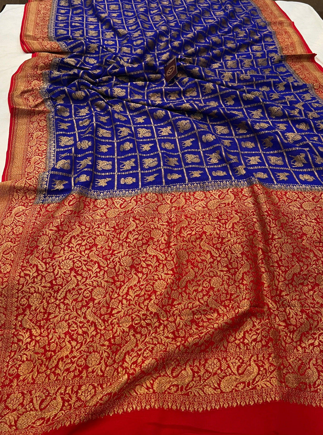 Royal Blue Banarasi Handloom Pure Khaddi Georgette Saree - Aura Benaras