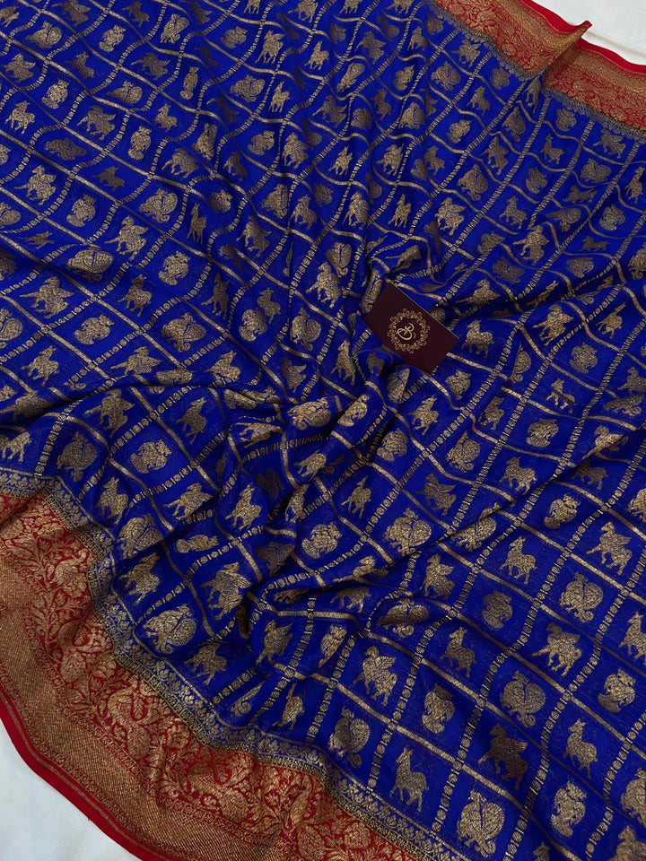 Royal Blue Banarasi Handloom Pure Khaddi Georgette Saree - Aura Benaras