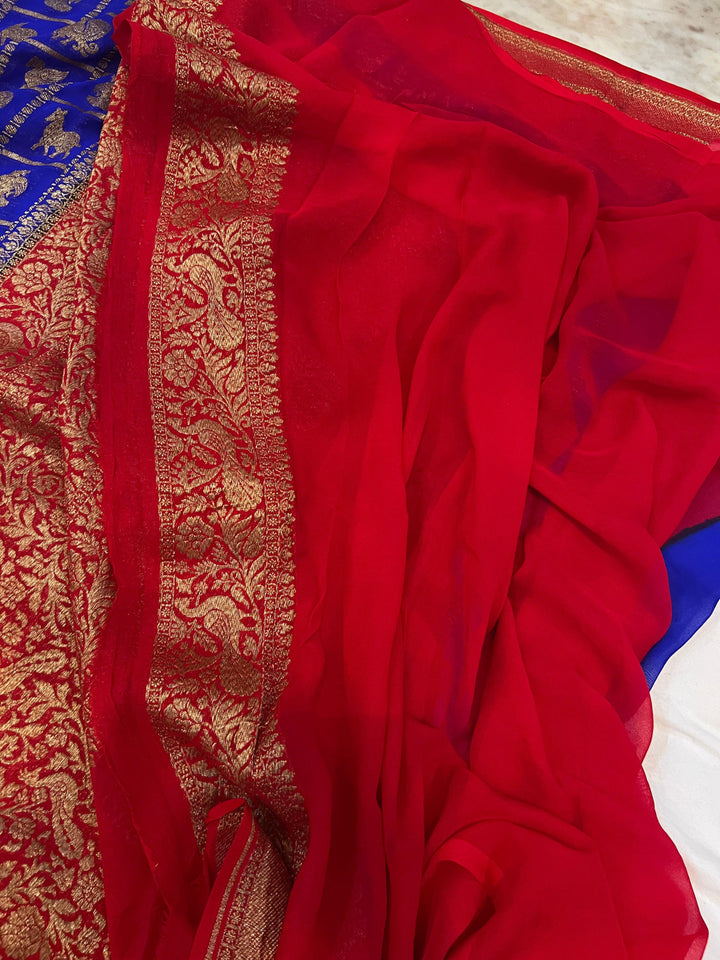 Royal Blue Banarasi Handloom Pure Khaddi Georgette Saree - Aura Benaras