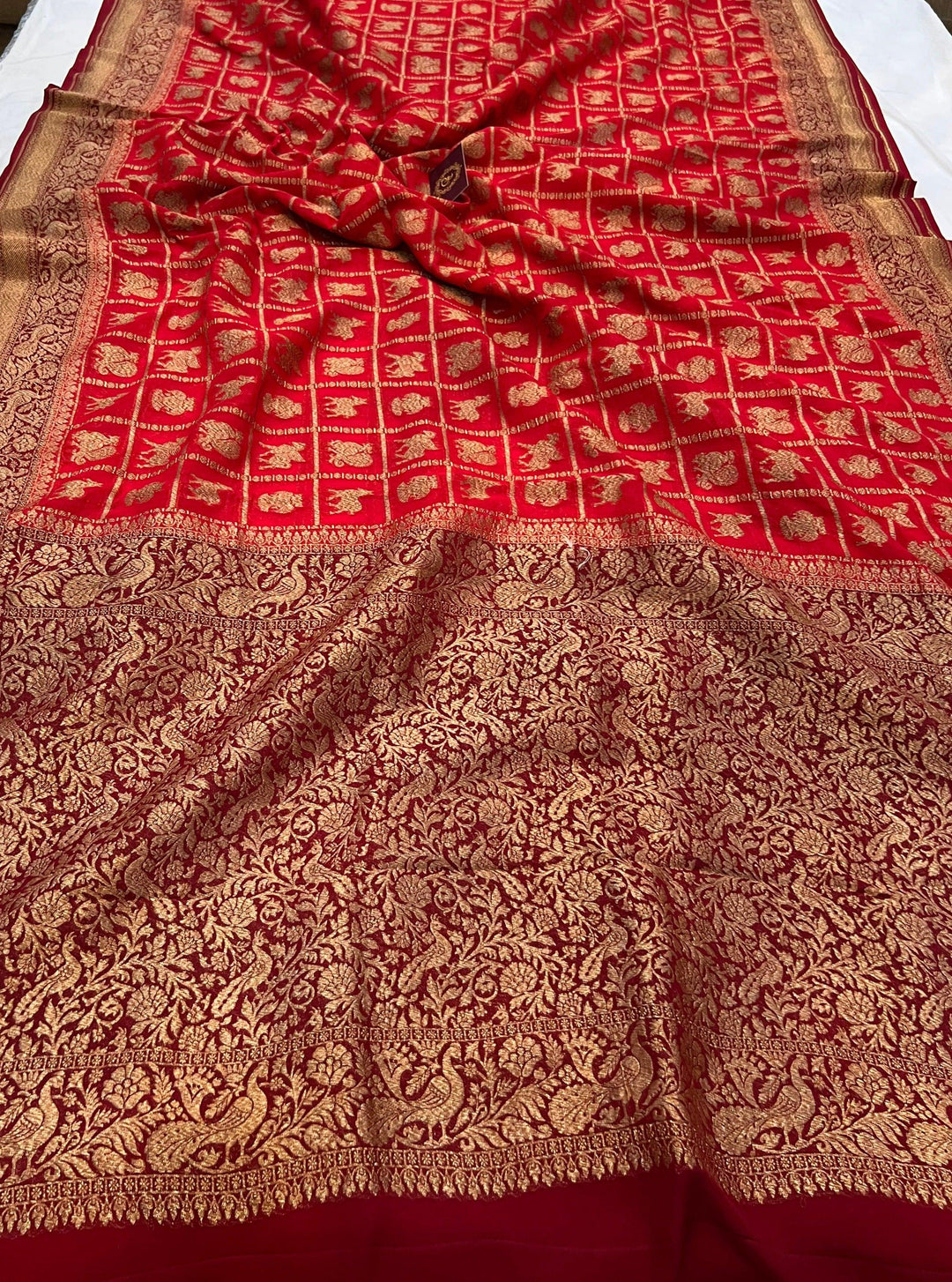 Red Banarasi Handloom Pure Khaddi Georgette Saree - Aura Benaras