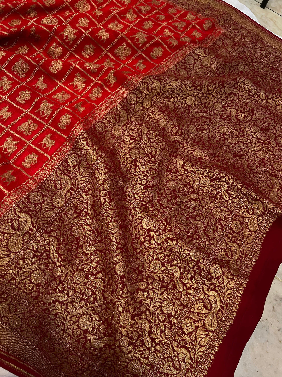 Red Banarasi Handloom Pure Khaddi Georgette Saree - Aura Benaras