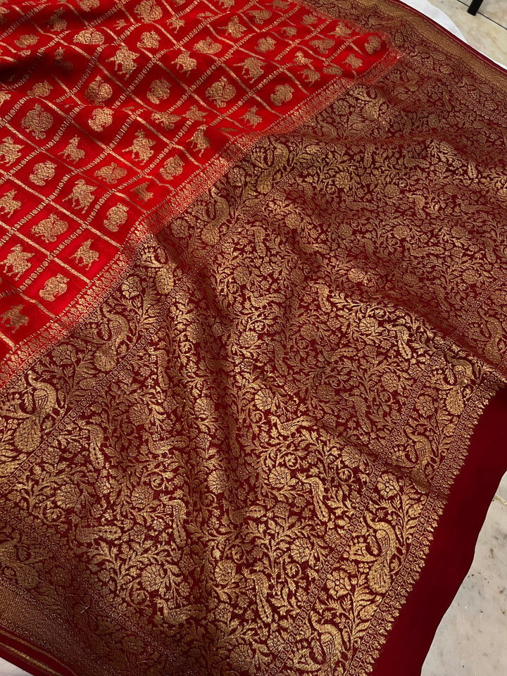 Red Banarasi Handloom Pure Khaddi Georgette Saree - Aura Benaras