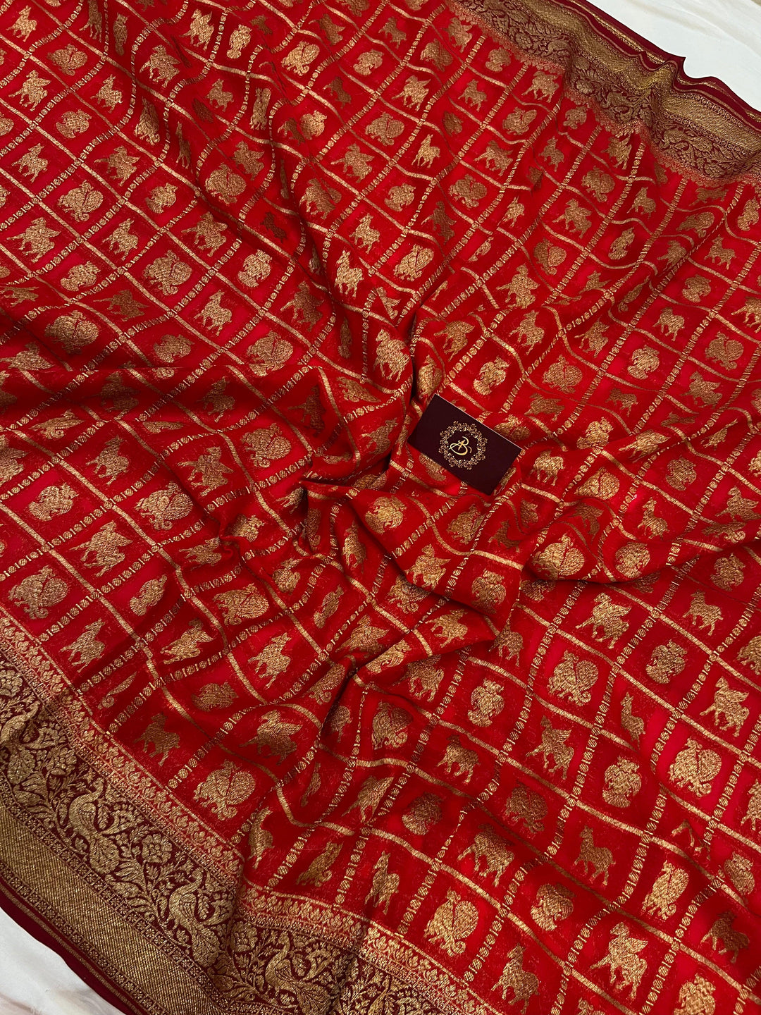 Red Banarasi Handloom Pure Khaddi Georgette Saree - Aura Benaras