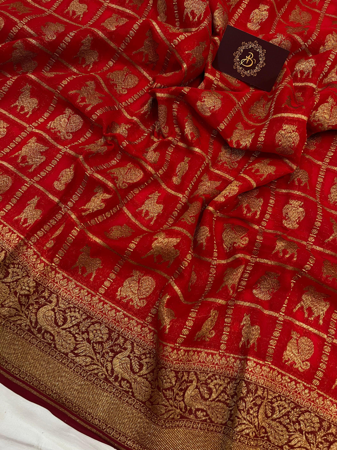 Red Banarasi Handloom Pure Khaddi Georgette Saree - Aura Benaras