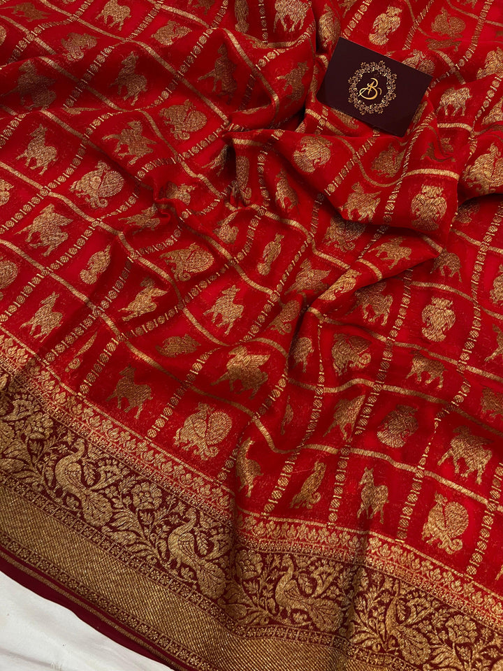 Red Banarasi Handloom Pure Khaddi Georgette Saree - Aura Benaras