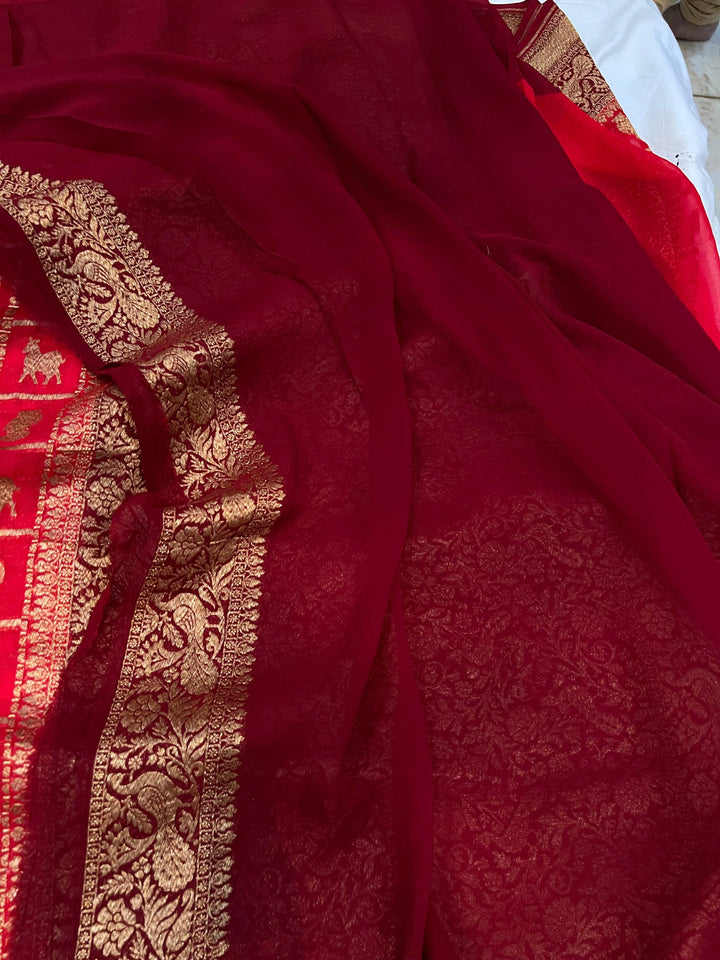 Red Banarasi Handloom Pure Khaddi Georgette Saree - Aura Benaras