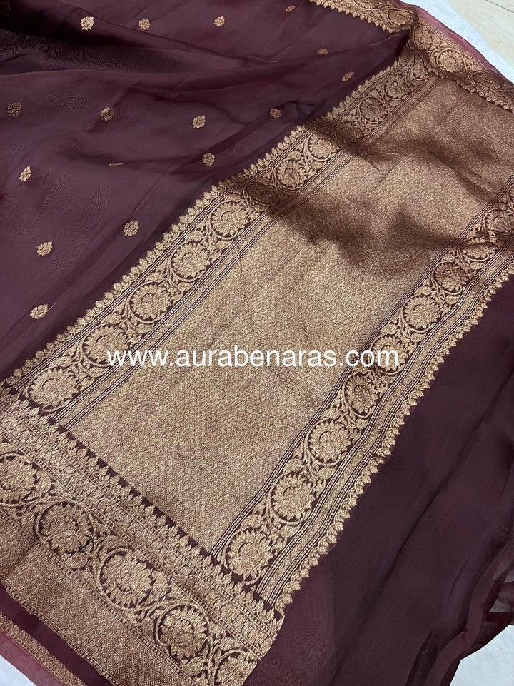 Coffee Brown Banarasi Handloom Kora Silk Saree - Aura Benaras