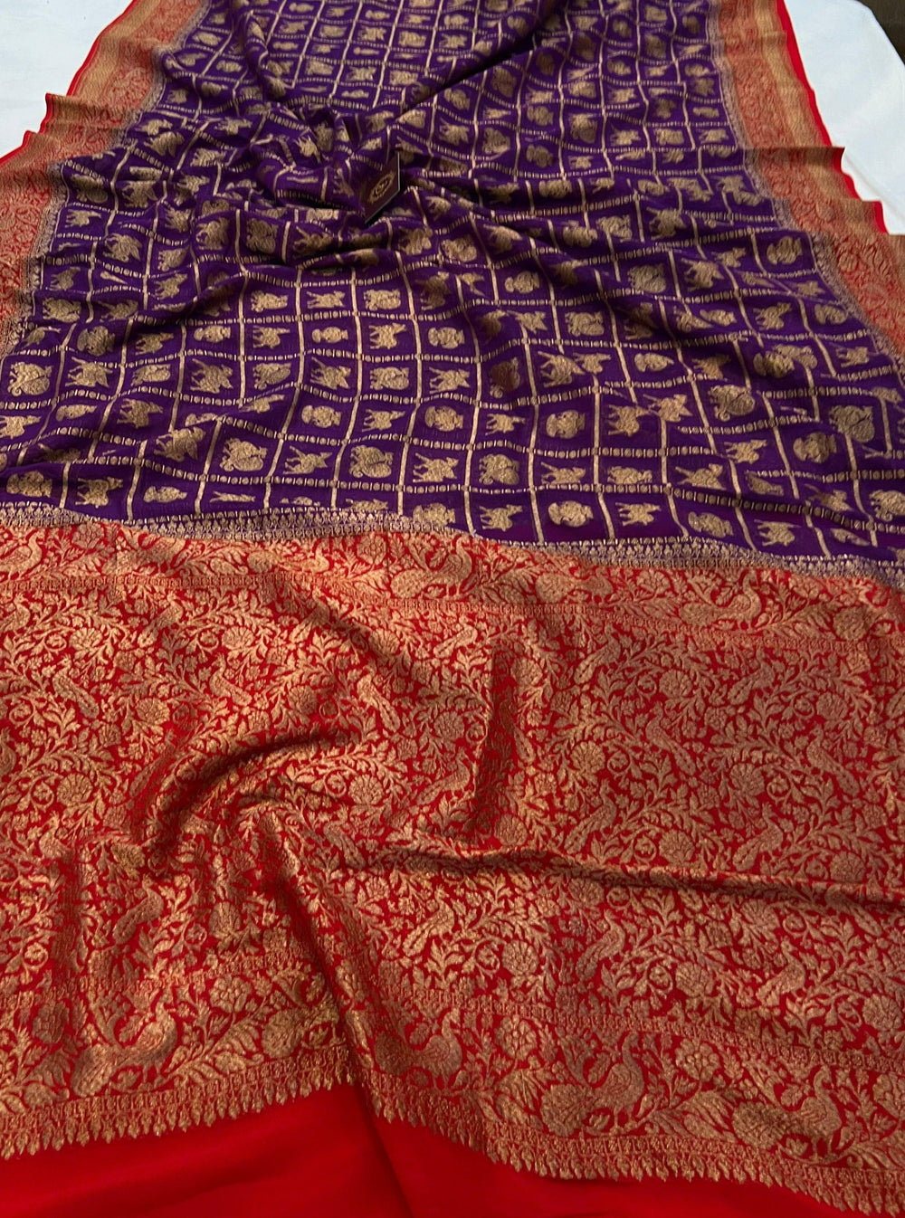 Deep Purple Banarasi Handloom Pure Khaddi Georgette Saree - Aura Benaras