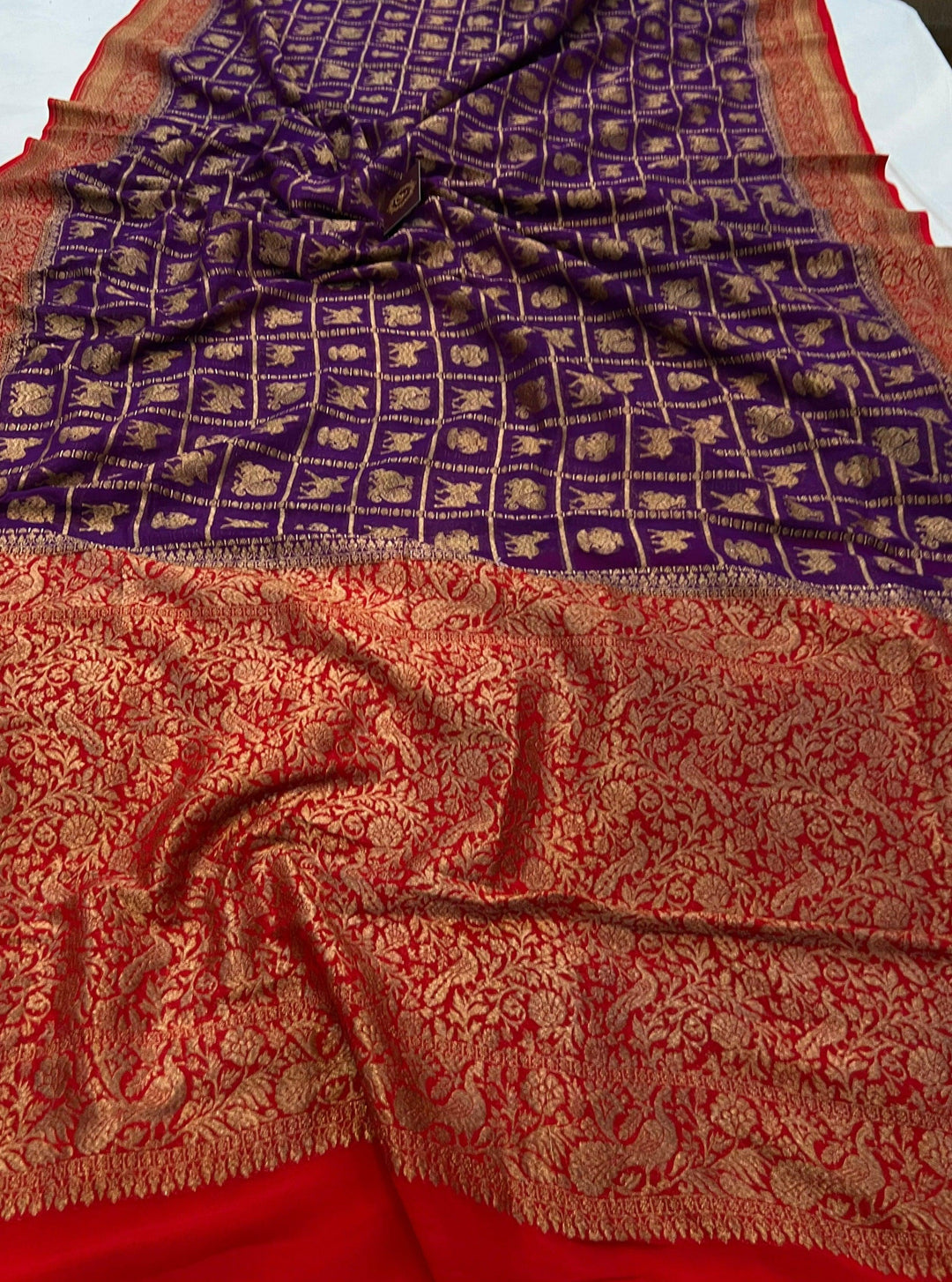 Deep Purple Banarasi Handloom Pure Khaddi Georgette Saree - Aura Benaras