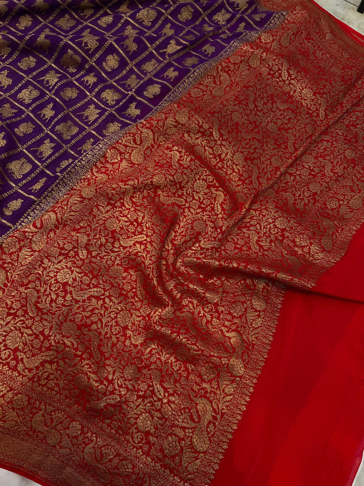 Deep Purple Banarasi Handloom Pure Khaddi Georgette Saree - Aura Benaras