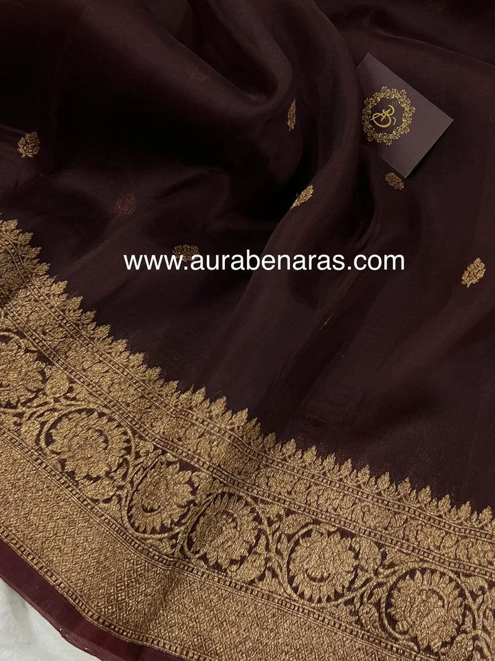 Coffee Brown Banarasi Handloom Kora Silk Saree - Aura Benaras
