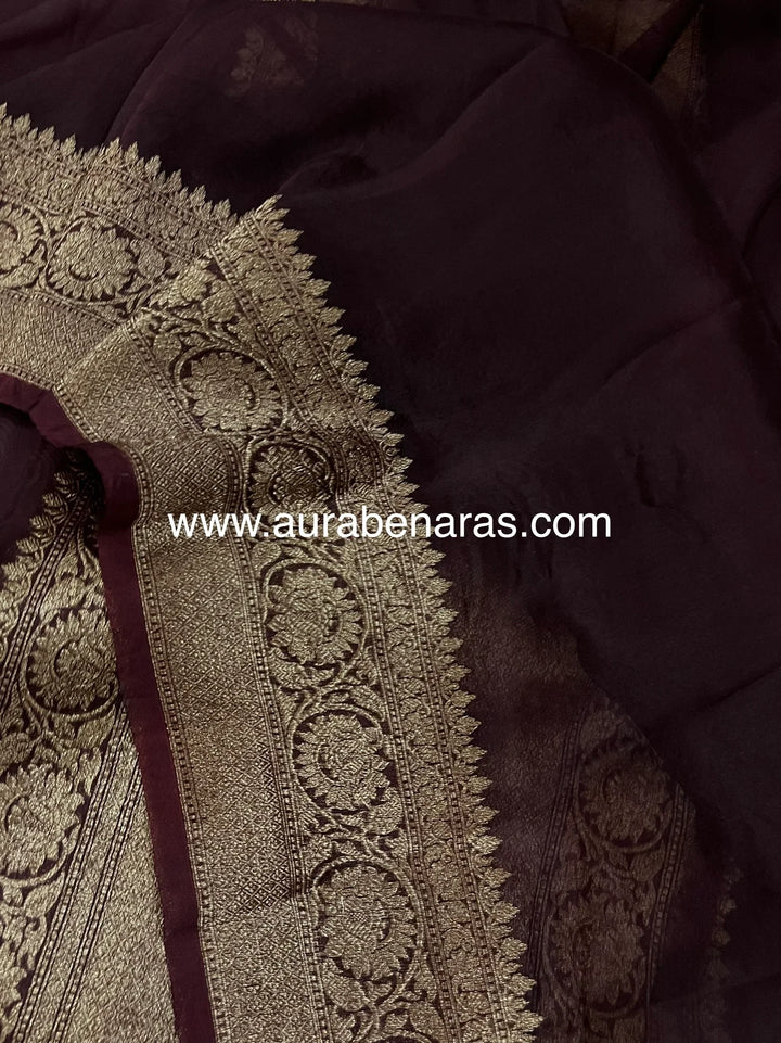 Coffee Brown Banarasi Handloom Kora Silk Saree - Aura Benaras