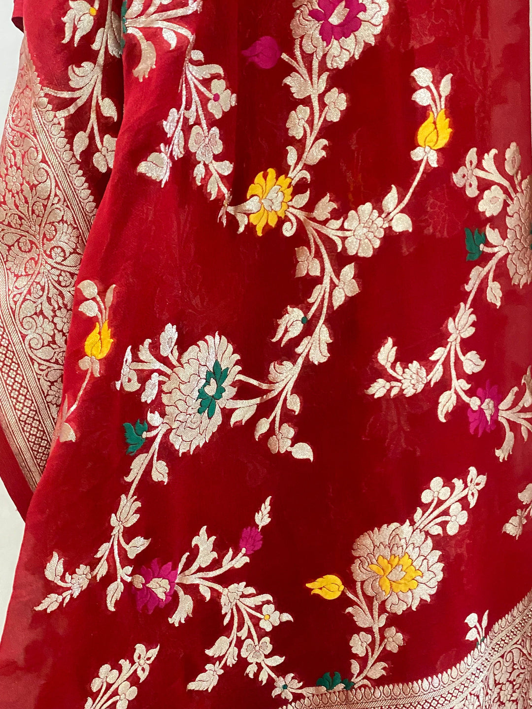 Red Pure Banarasi Khaddi Georgette Dupatta - Aura Benaras