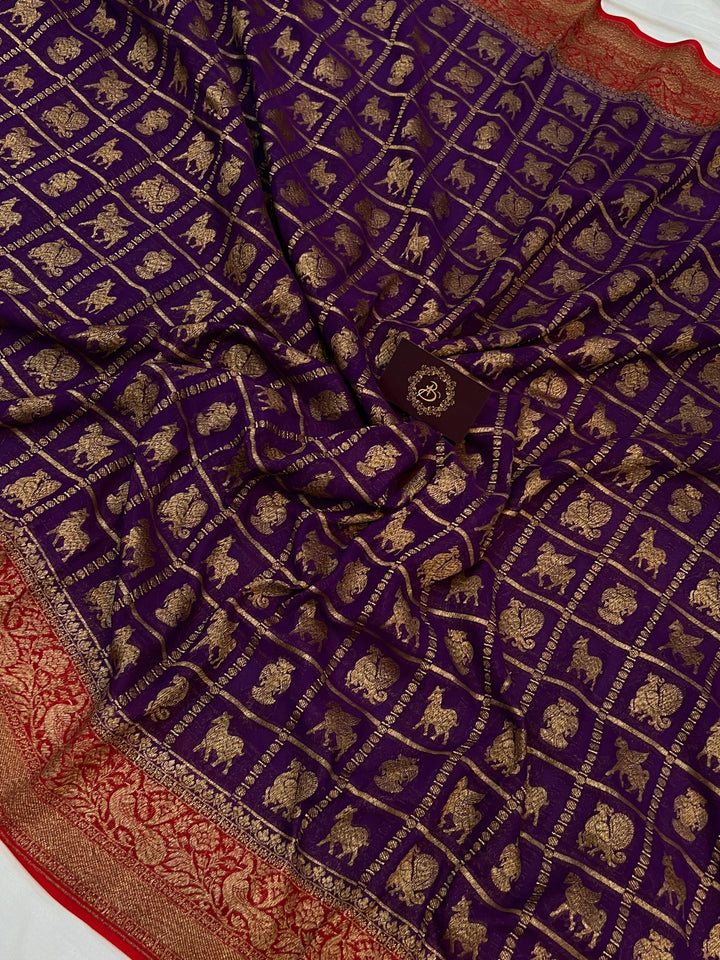 Deep Purple Banarasi Handloom Pure Khaddi Georgette Saree - Aura Benaras