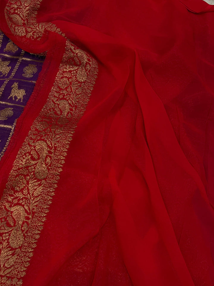 Deep Purple Banarasi Handloom Pure Khaddi Georgette Saree - Aura Benaras