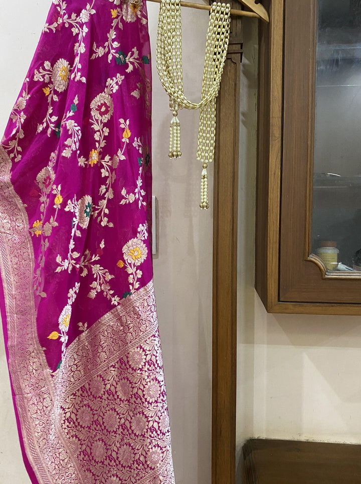 Pink Pure Banarasi Khaddi Georgette Dupatta - Aura Benaras