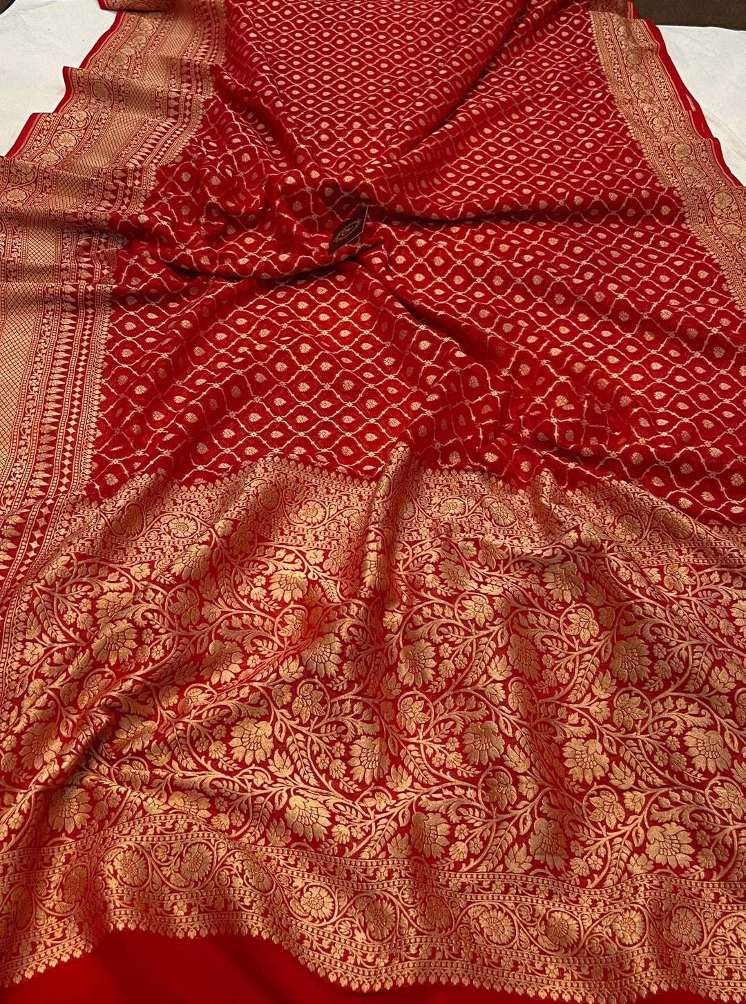 Red Banarasi Handloom Pure Khaddi Georgette Saree - Aura Benaras