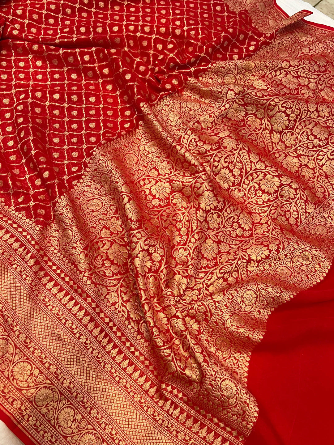 Red Banarasi Handloom Pure Khaddi Georgette Saree - Aura Benaras