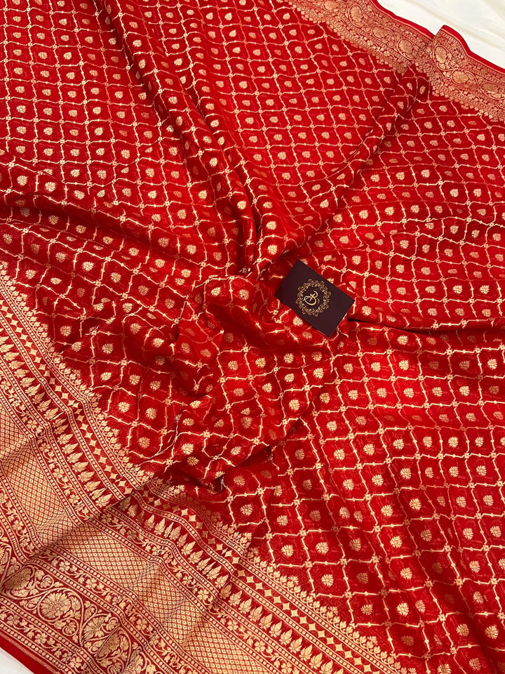 Red Banarasi Handloom Pure Khaddi Georgette Saree - Aura Benaras
