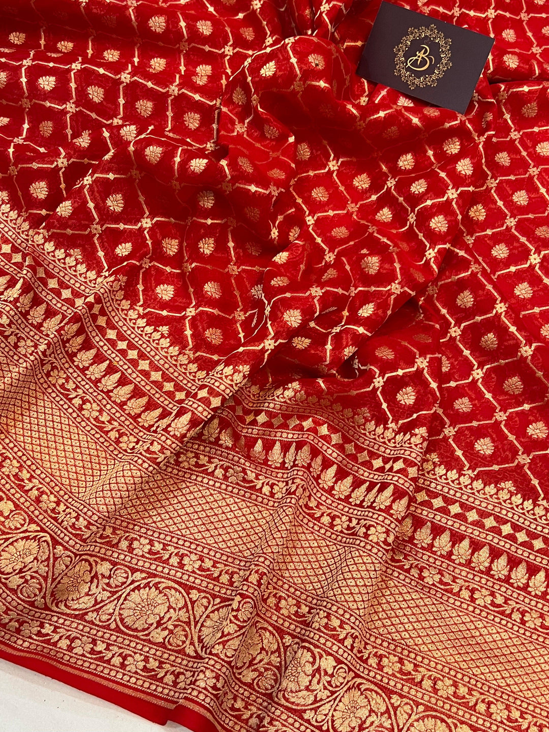 Red Banarasi Handloom Pure Khaddi Georgette Saree - Aura Benaras