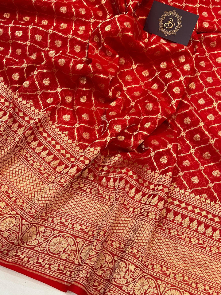 Red Banarasi Handloom Pure Khaddi Georgette Saree - Aura Benaras