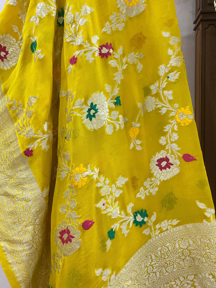 Yellow Pure Banarasi Khaddi Georgette Dupatta - Aura Benaras