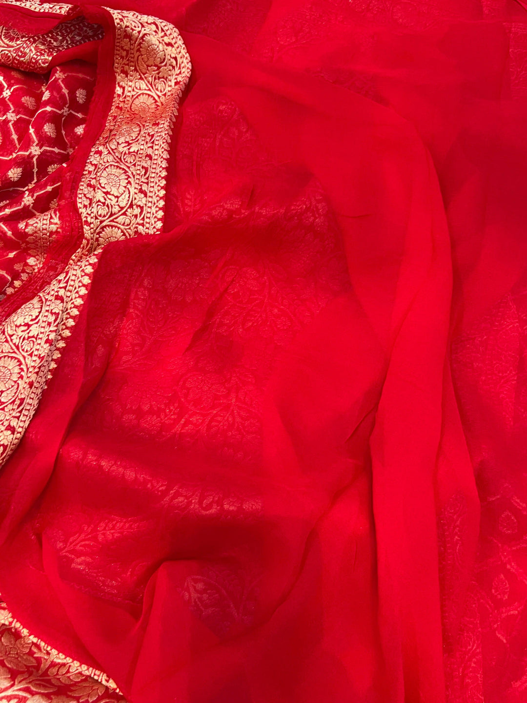 Red Banarasi Handloom Pure Khaddi Georgette Saree - Aura Benaras