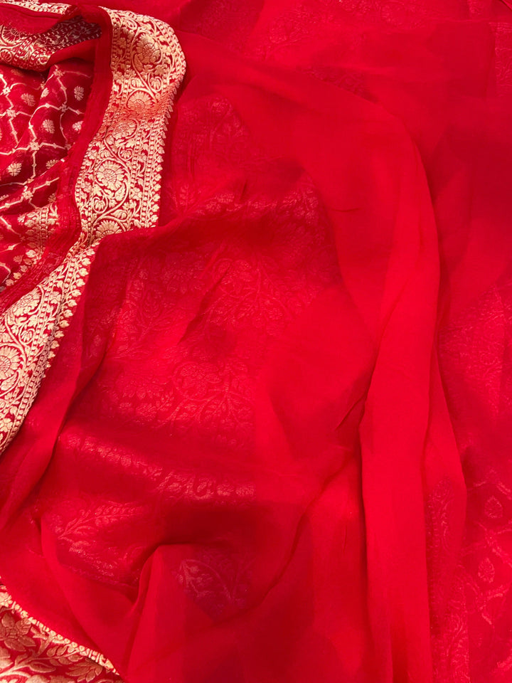 Red Banarasi Handloom Pure Khaddi Georgette Saree - Aura Benaras