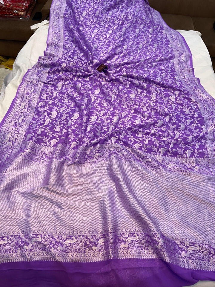 Purple Pure Khaddi Georgette Banarasi Handloom Saree - Aura Benaras