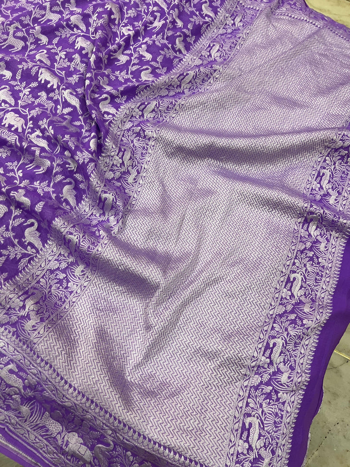 Purple Pure Khaddi Georgette Banarasi Handloom Saree - Aura Benaras