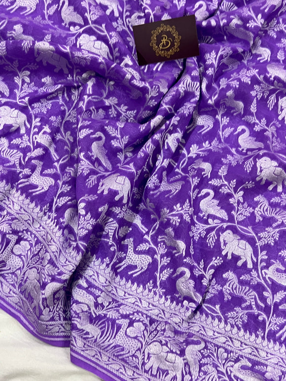 Purple Pure Khaddi Georgette Banarasi Handloom Saree - Aura Benaras