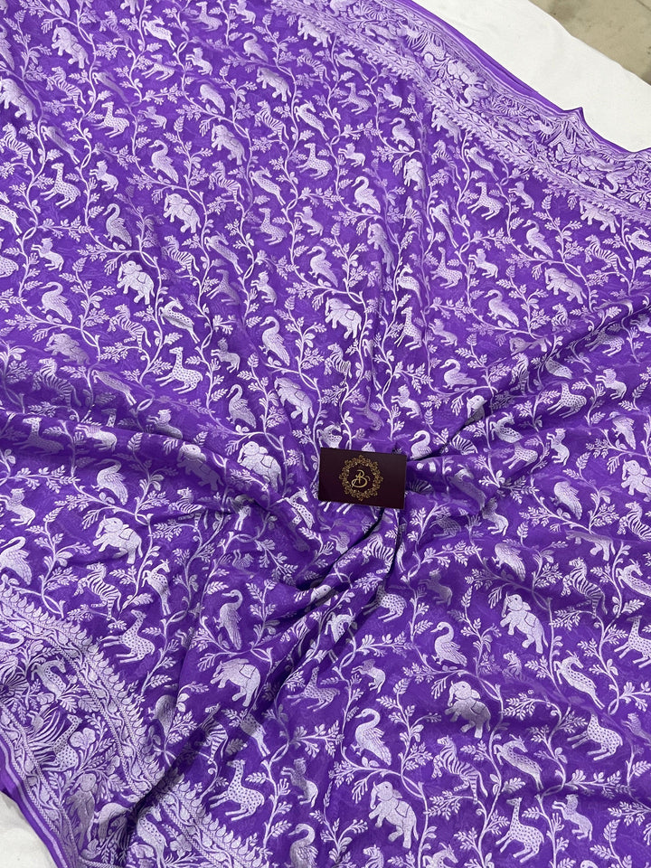 Purple Pure Khaddi Georgette Banarasi Handloom Saree - Aura Benaras