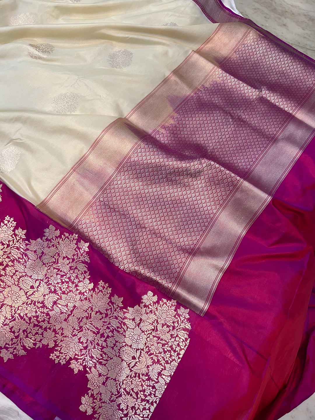 Cream Sona Rupa Handloom Katan Silk Saree - Aura Benaras