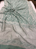 Greyish Green Khaddi Georgette Banarasi Handloom Saree - Aura Benaras