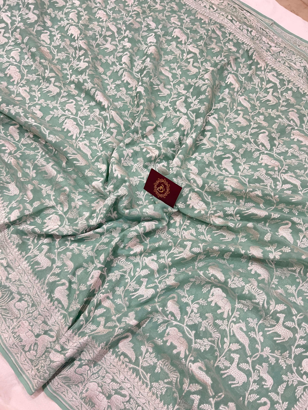 Greyish Green Khaddi Georgette Banarasi Handloom Saree - Aura Benaras