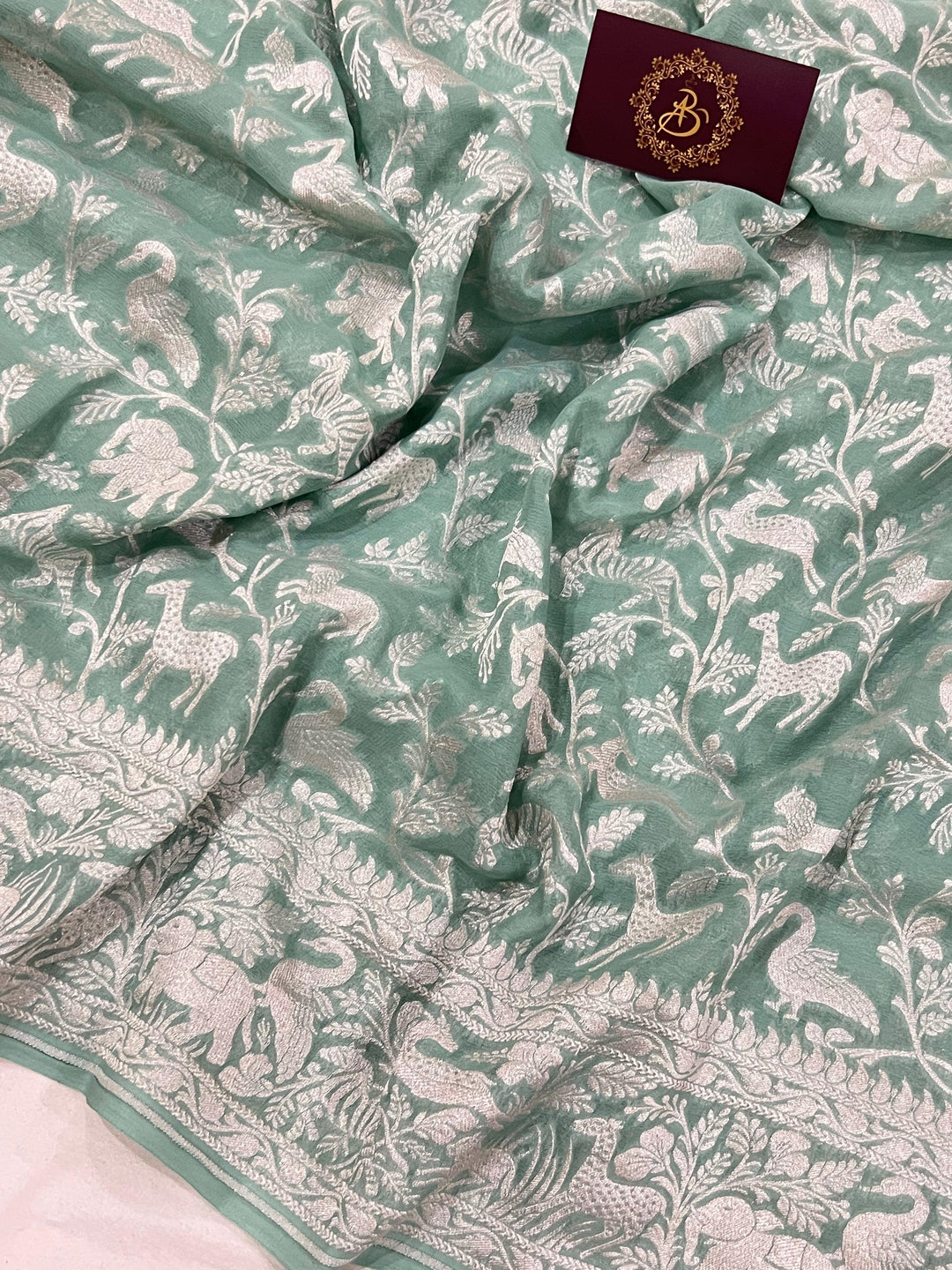 Greyish Green Khaddi Georgette Banarasi Handloom Saree - Aura Benaras
